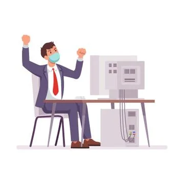 Office worker is stressing out in front of the computer, wearing a face mask Stock Illustration