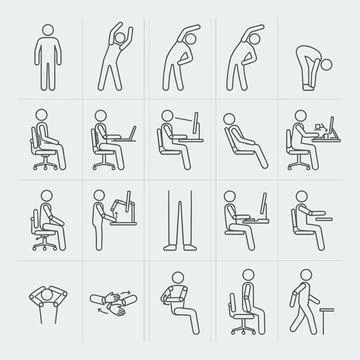 Office worker stretching and sitting icons set, showing exercises for postu.. Stock Illustration