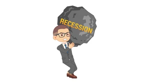 An office worker struggling with a massive recession boulder Vidéo 345101066