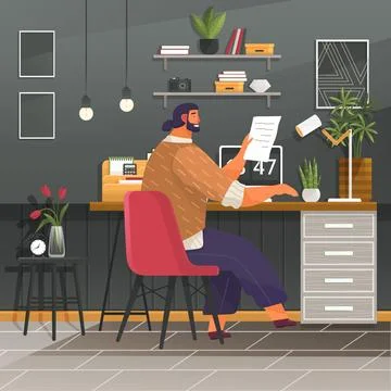 Office worker at table holding document in hand. Businessman or clerk working at Illustrazione stock