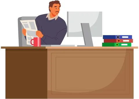 Office worker at table holding paper document, working at his office workplace Illustrazione stock