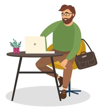 Office worker at the table with a laptop isolated on white. Businessman working Stock Illustration