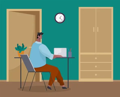 Office worker at the table with a laptop. Smiling man works with a computer Illustrazione stock