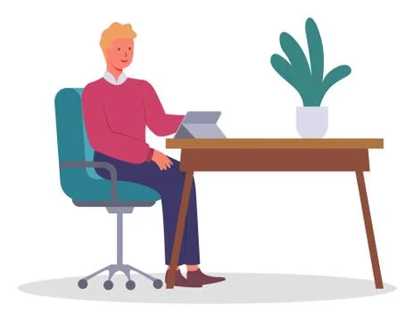 Office worker at the table with a tablet. Businessman or a clerk working at his Illustrazione stock