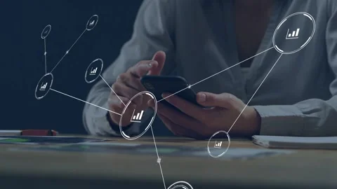 Office worker tapping phone and generating data nodes and connecting lines Stock Footage 335234898