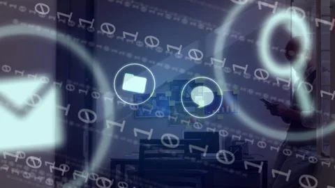 Office worker tapping smartphone and bringing technology overlay, binary icons Stock Footage 334768749