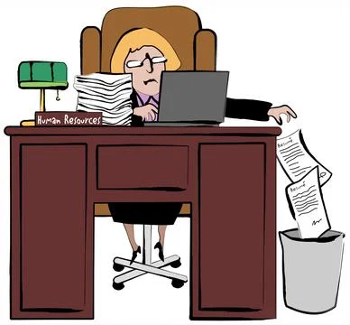 Office worker throwing documents into garbage bin, illustration Illustrazione stock