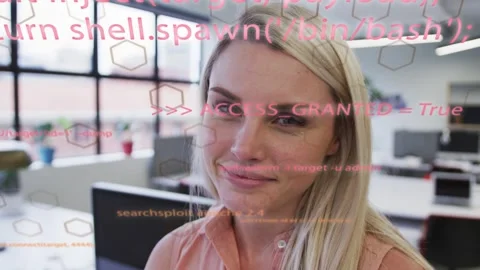 Office worker turning to camera while magenta code overlay showing ACCESS Stock Footage 333837996