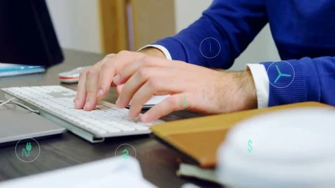 Office worker typing and clicking on keyboard and mouse, visualizing finance Stock Footage 332844336