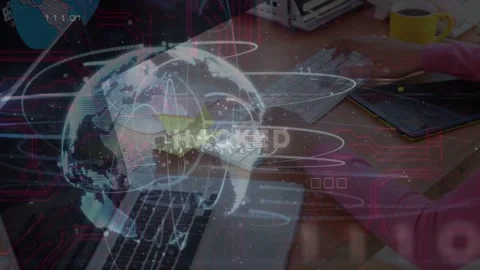 Office worker typing keyboard and invoking holo globe HUD showing HACKED Stock Footage 333803553