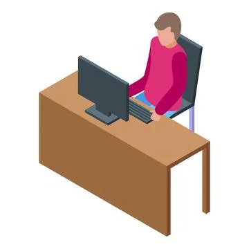 Office worker typing on keyboard at desk working on computer isometric icon Illustrazione stock