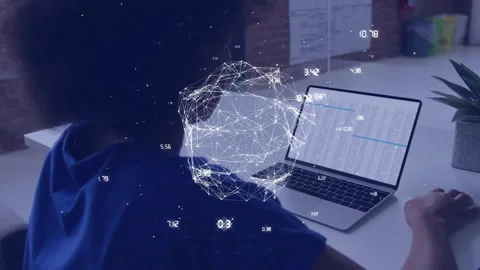 Office worker typing on laptop starting numeric values linking into 3D data Stock Footage 313639320