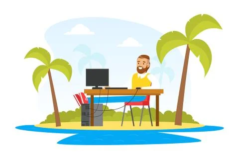 Office Worker Using Computer at Workplace on Background of Tropical Island Illustrazione stock