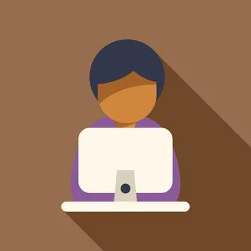 Office worker using desktop computer, flat design illustration with long shad Stock Illustration