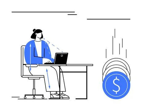 Office Worker Using Laptop with Dollar Icons Flowing on White Background - .. Illustrazione stock