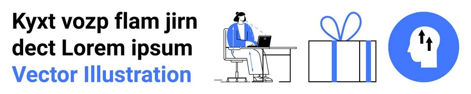 Office Worker Using Laptop, Gift Box, and Head Silhouette with Arrows Conce.. 库存插图
