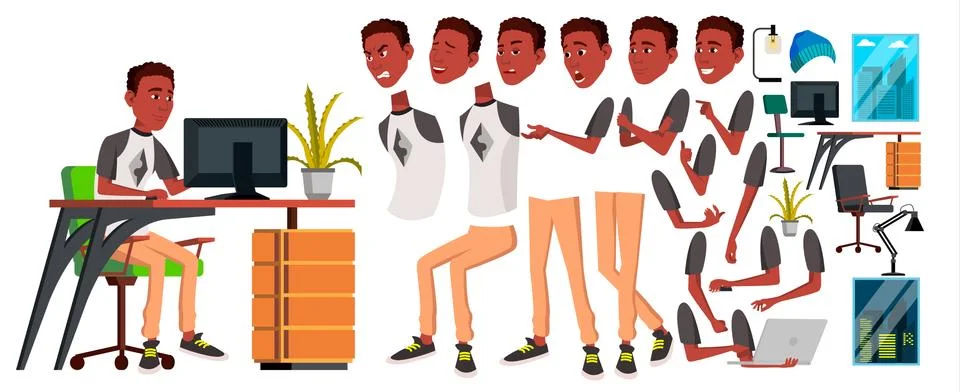 Office Worker Vector. Animation Creation Set. Black. African. Emotions, Gestures Stock-Illustration