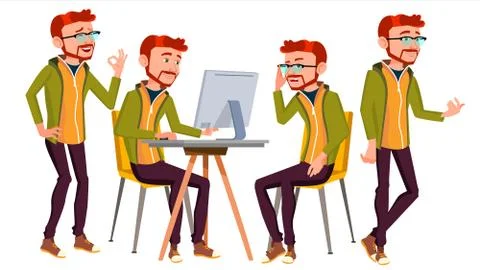 Office Worker Vector. Businessman Worker. Lifestyle. Animated Elements. Poses Stock Illustration