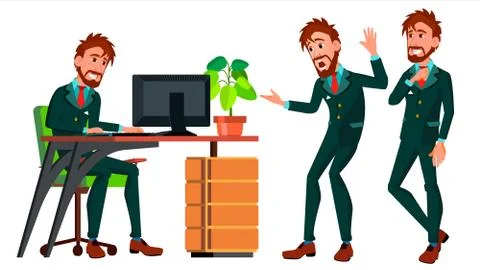 Office Worker Vector. Businessman Worker. Poses. Animated Elements. Front, Side Stock Illustration