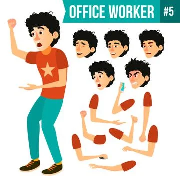 Office Worker Vector. Face Emotions, Various Gestures. Animation Creation Set Stockillustratie