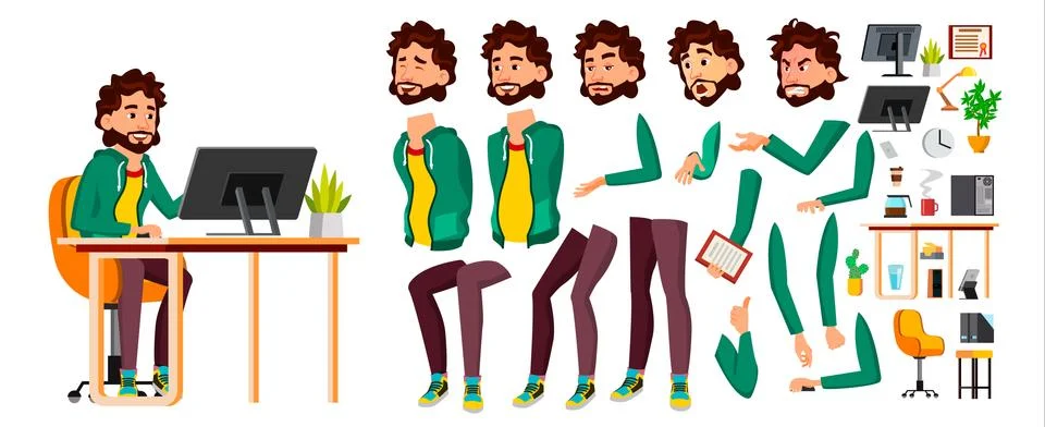 Office Worker Vector. Face Emotions, Various Gestures. Animation Creation Set Stock Illustration