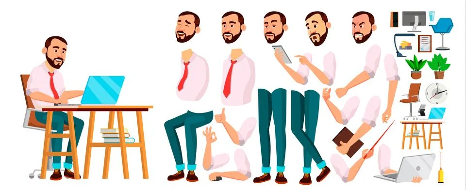 Office Worker Vector. Face Emotions, Various Gestures. Animation Creation Set Stock Illustration