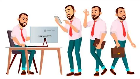 Office Worker Vector. Face Emotions, Various Gestures. Creation Set. Business Stock Illustration