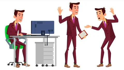 Office Worker Vector. Face Emotions, Various Gestures. Business Worker. Career Stock Illustration
