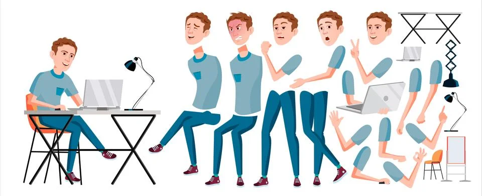 Office Worker Vector. Face Emotions, Various Gestures. Animation Creation Set Stock Illustration