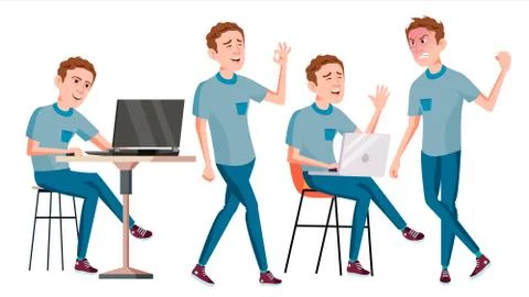 Office Worker Vector. Face Emotions, Various Gestures. Business Human. Smiling 스톡 일러스트