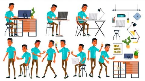 Office Worker Vector. Face Emotions, Various Gestures. Adult Business Male Stock Illustration