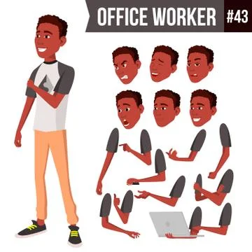 Office Worker Vector. Face Emotions, African, Black. Various Gestures. Animation Stock Illustration