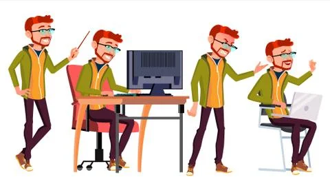 Office Worker Vector. Face Emotions, Various Gestures. Red Head, Ginger Illustrazione stock