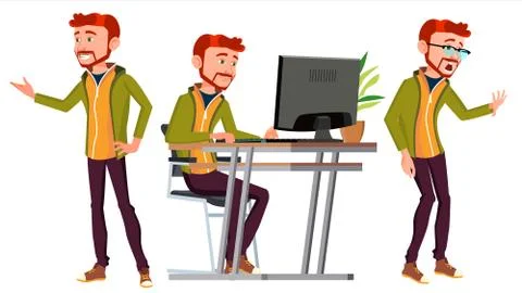 Office Worker Vector. Face Emotions, Various Gestures. Businessman Person. Poses Stock Illustration