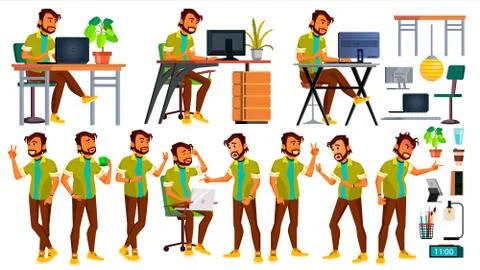 Office Worker Vector. Indian Emotions, Various Gestures. Business Human. Smiling Illustrazione stock