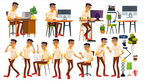 Office Worker Vector. Thai, Vietnamese. Face Emotions, Gestures. Animated Stockillustratie