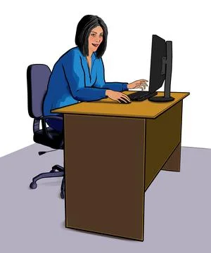 Office worker working on computer desk office table clip art 3D illustration Stock Illustration