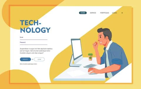 Office worker working with computer at office desk, cup of coffee beside him. Stock Illustration