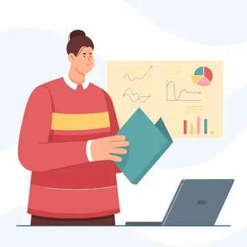 Office worker working with marketing data charts and digital diagrams, holding Stock Illustration