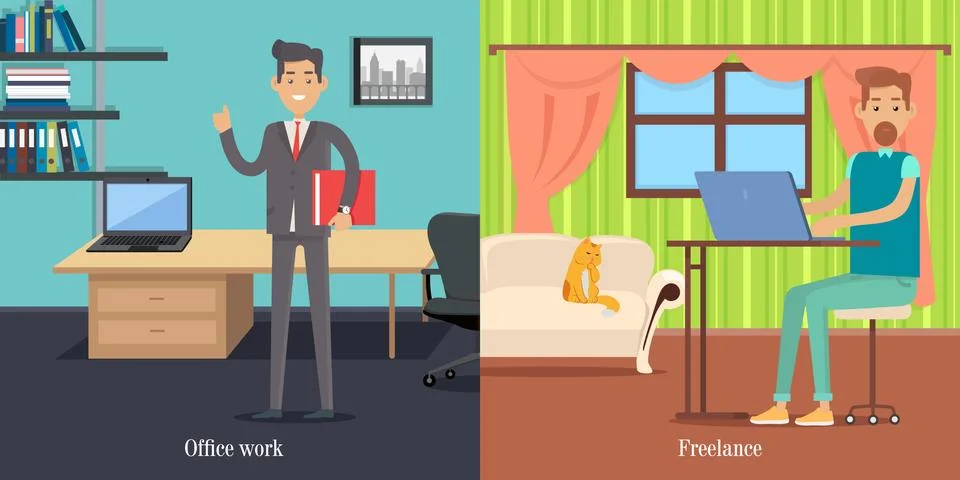 Office Worker at Working Place. Freelancer at Work 스톡 일러스트
