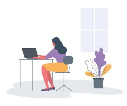 Office worker in the workplace. Back view. Young woman is sitting at the desk Stock Illustration