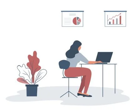 Office worker in the workplace. Back view. Young woman is sitting at the desk Stock Illustration