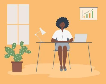 Office worker in the workplace. Young black woman is sitting at the desk Stock Illustration
