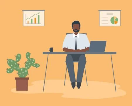 Office worker in the workplace. Young black man is sitting at the desk Stock Illustration