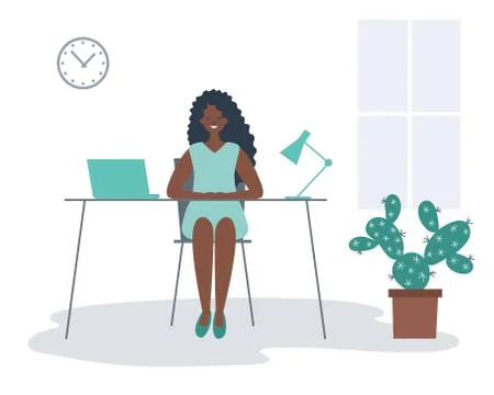 Office worker in the workplace. Young black woman is sitting at the desk Stock Illustration