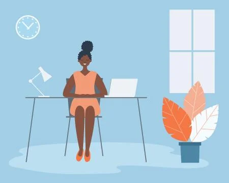 Office worker in the workplace. Young black woman is sitting at the desk Stock Illustration