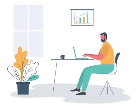 Office worker in the workplace. Young man is sitting at the desk Stock Illustration