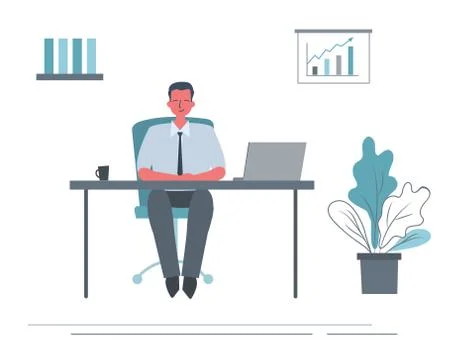 Office worker in the workplace. Young man is sitting at the desk in the office Stock Illustration