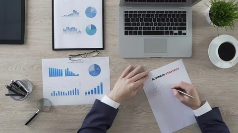 Office worker writing business strategy, career and startup, new ideas. Top view Stock Footage