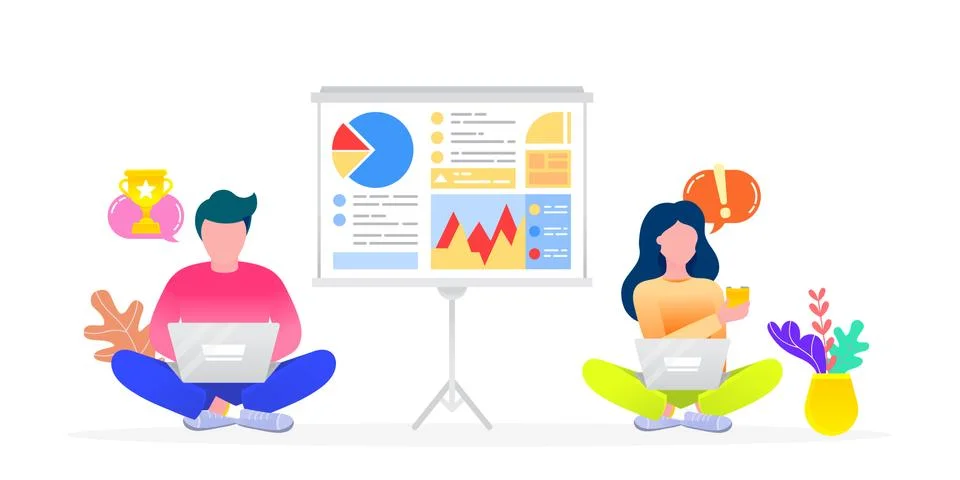 Office Workers Analyzing Data on Laptops Vector イラスト素材